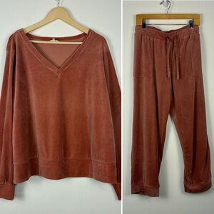 Soma WKND pink velour matching lounge set size xxl v neck drawstring pants cozy